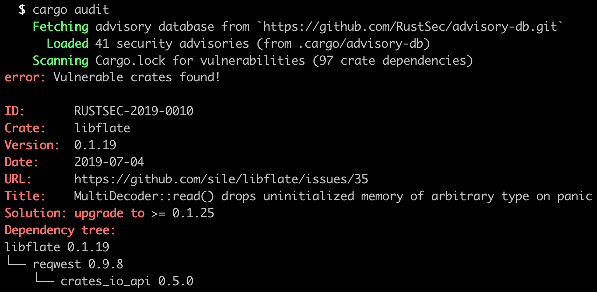 cargo-audit discovering a vulnerable Rust crate